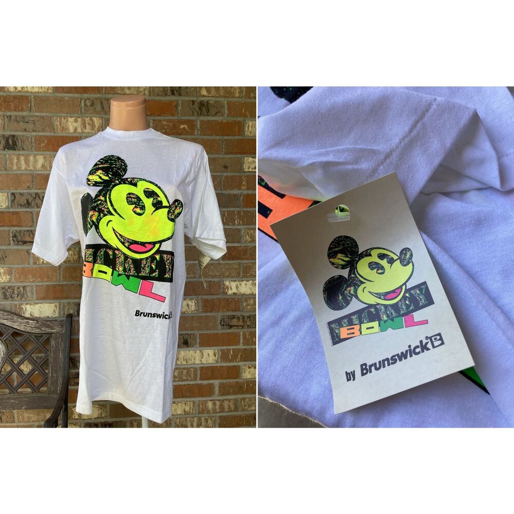 L NOS 90s Single Stitch Mickey Mouse Bowling T-shirt Brunswick Vintage white